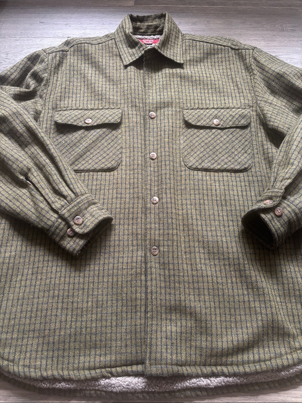 Mitsumine | Vintage Olive Green Checkered Sherpa-Lined Wool Jacket Medium